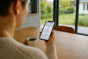 Vīrietis sēž pie virtuves galda ar kafijas krūzi rokās, skatās telefonā, kur redzams paziņojums “Pieejams jauns piedavājums.” Gaiša, mūsdienīga virtuve ar lieliem logiem un skatu uz dārzu.