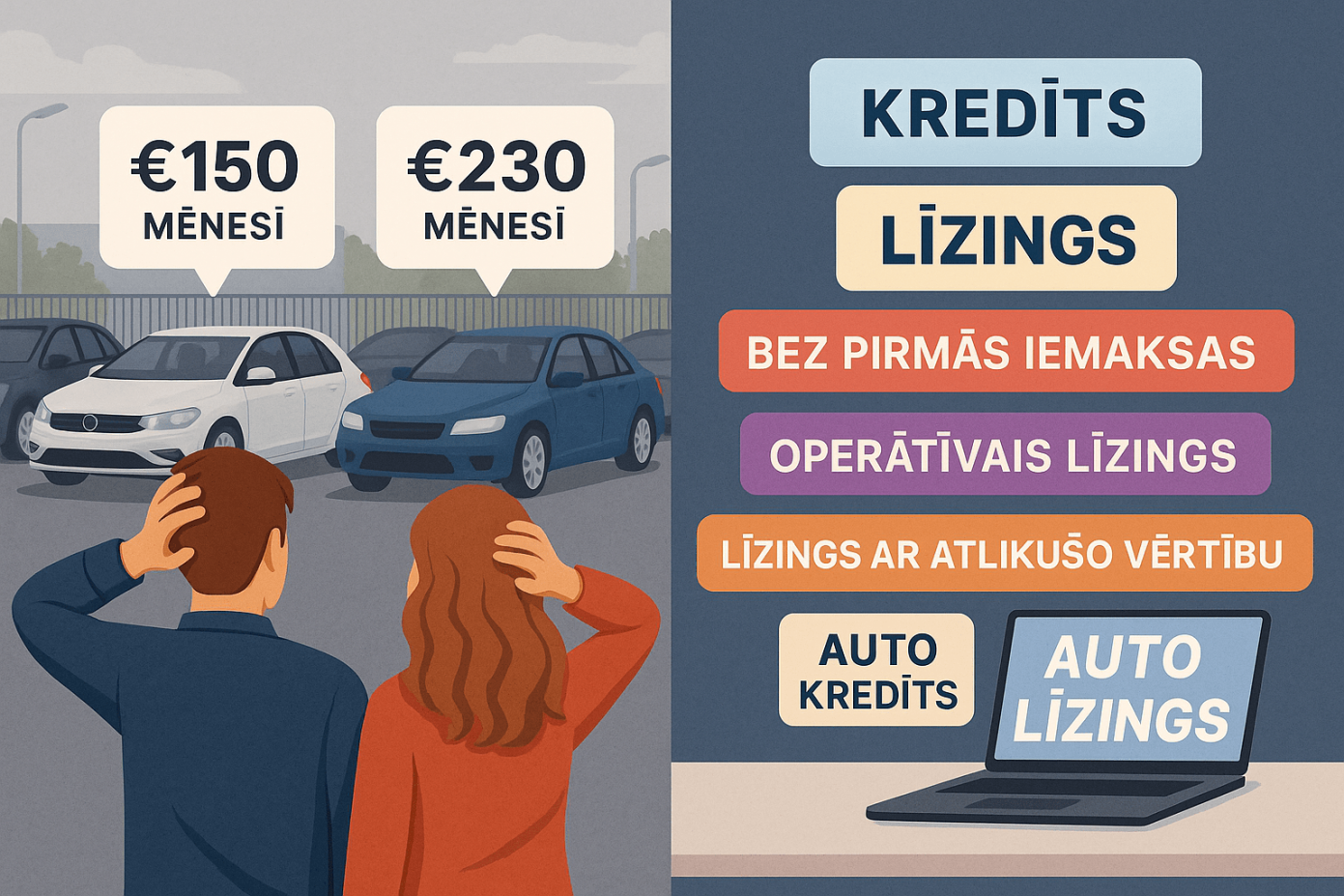 Digitāla ilustrācija ar dažādiem auto finansējuma piedāvājumiem datorā — “kredīts”, “līzings”, “līzings ar atlikušo vērtību”, “bez pirmās iemaksas” — attēlojot patērētāja izvēles pārbagātību