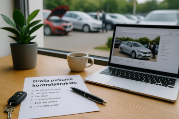 Lietota auto iegādes kontrolsaraksts uz galda ar auto atslēgām un datoru auto tirdzniecības birojā.